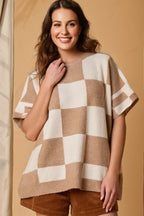 Black Checkered Pattern Loose Drop Shoulder Half Sleeve Sweater