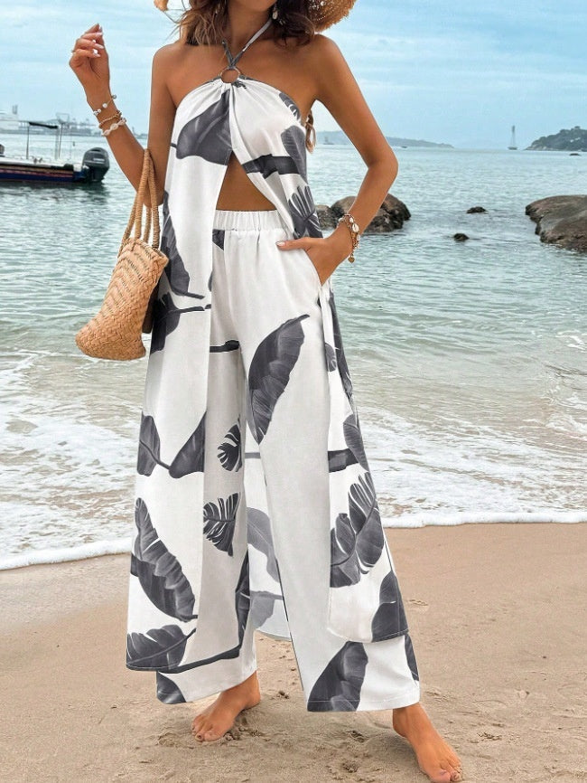 Printed Halterneck Slit Top & Wide-Leg Pants Resort Set | 13 Prints
