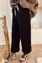 Coffee Fleece Lined Leopard Drawstring Elastic Waist Solid Pants