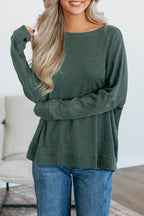 Dark Grey Waffle Knit Patchwork Long Sleeve Loose Top