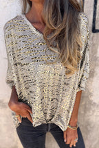 Gray Leopard Print 3/4 Sleeve V Neck Loose Fit T Shirt