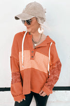 Cinnamon Striped Waffle Patchwork Drawstring Hooded Long Sleeve Top