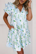 Sky Blue Floral Contrast Edge Ruffle Sleeve Tie Neck Mini Dress