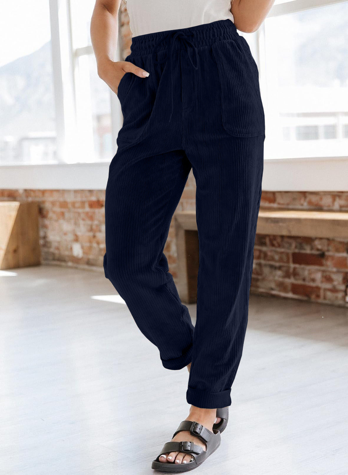 European And American Casual Pants Fashion Solid Color Corduroy Wide-leg Pants Women's Pants