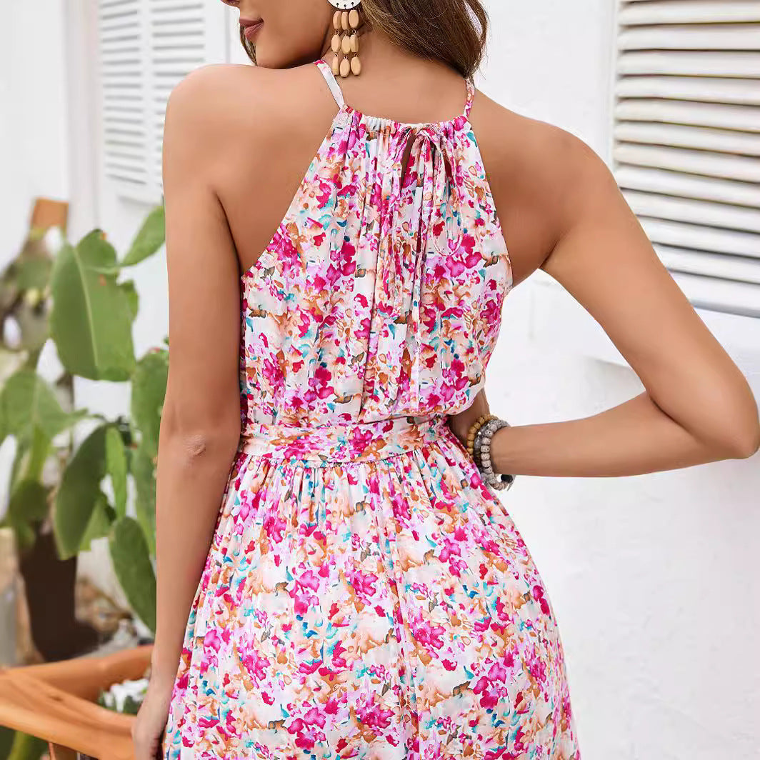 Off-shoulder Halter Sling Rayon Printed Lace Up Large Swing Dress