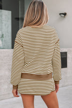Black Stripe Textured Drop Shoulder Pullover Top Drawstring Mini Skirt Two Piece Dress Set