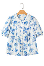 Sky Blue Floral Tiered Puff Short Sleeve Pleated Bust Buttoned Casual Shirt