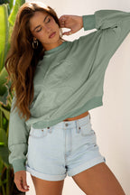 Smoke Green Raw Edge Flower Patch Drop Shoulder Casual Top