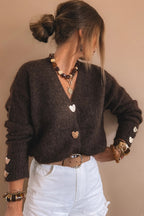 Fiery Red Heart Metal Button V Neck Cardigan Sweater