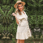 Women's V-Neck A-Line Dress – Three-Quarter Sleeve Button Contrast Panel
