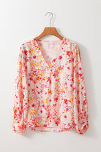Pink Ditsy Floral Bubble Sleeve V Neck Blouse