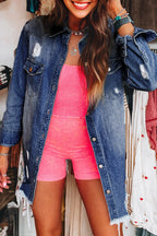Sky Blue Light Wash Distressed Frayed Long Denim Jacket