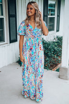 Green Wrap V Neck Floral Maxi Dress