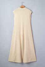 Jet Stream Half Buttons Ribbed Knit Wide Leg Jumpsuit