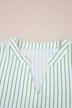 Green Stripe Flower Puff Sleeve Notched V Neck Babydoll Blouse