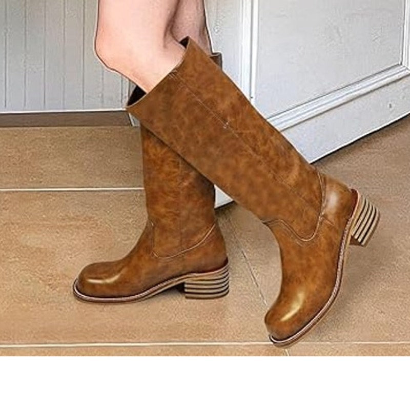 UBWDU Women Size 8 Light Brown Faux Leather 2" Low Heel Platform Knee High Boots