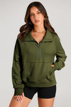 Smoke Green Quarter Zip Stand Neck Kangaroo Pocket Sweatshirt