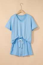 Myosotis V Neck Drop Shoulder Tee and Patchwork Drawstring Shorts Set