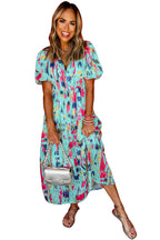 Sky Blue Abstract Print Short Puff Sleeve Tiered Maxi Dress
