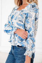 Sky Blue Floral Print Frilly Smocked Square Neck Long Sleeve Blouse