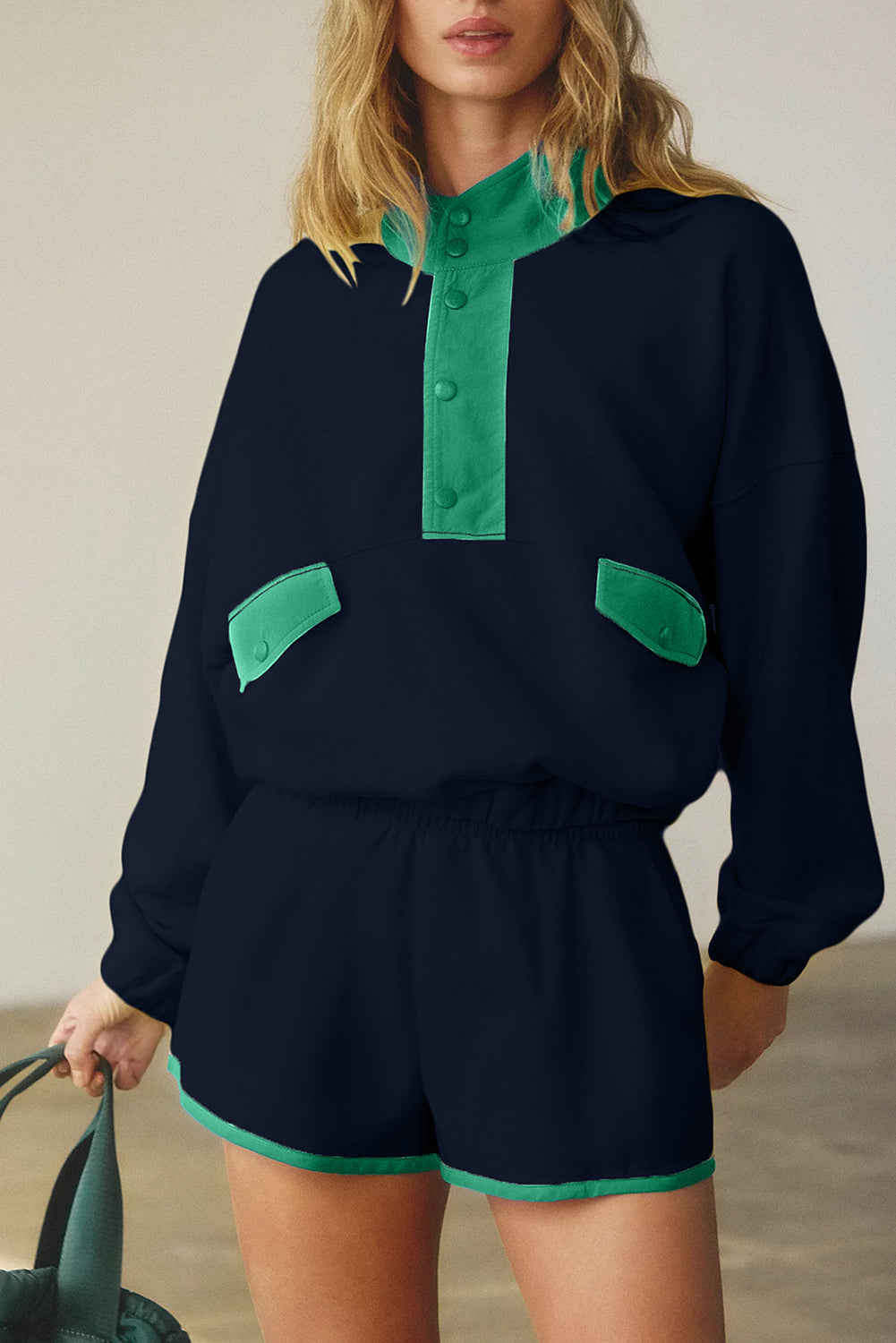 Red Dahlia Colorblock Patchwork Half Button Pullover and Shorts Outfit