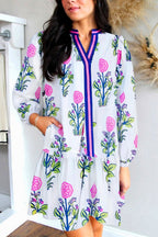 Sky Blue Floral Print Contrast Striped Trim Notched Neck Long Sleeve Dress