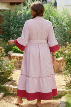 Red Stripe Plus Size Ruffled Hem Pinstriped Midi Dress