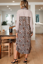 Sky Blue Stripe Contrast Leopard Patchwork Long Shirt Dress with Slits