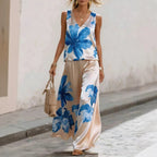 Women's Sleeveless Floral Printed Vest & Pants Two-Piece Set