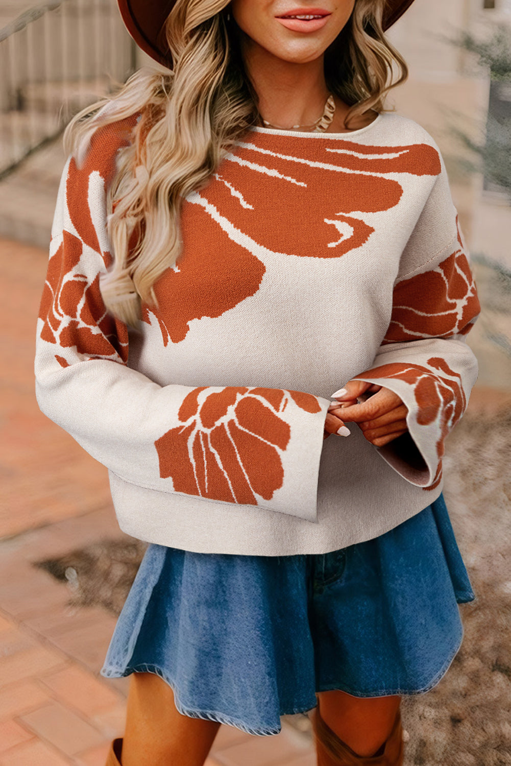 Beige Flower Pattern Drop Sleeve Baggy Sweater