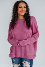 Dark Grey Waffle Knit Patchwork Long Sleeve Loose Top