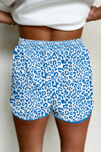 Blue Leopard Elastic Waistband Lace up Contrast Trim Casual Shorts