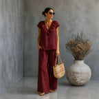 Women's V-Neck Ruffled Hem Top & Wide-Leg Pants Two-Piece Set