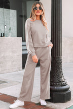 Gray Morn Varsity Striped Detail Crewneck Pullover Elastic Sweatpants 2pcs Outfit