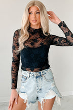 Apricot Pink Mock Neck Floral Lace Mesh Long Sleeve Top