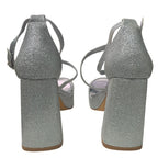 Idifu Womens 7.5 Silver Gillter Open Toe 4" Block Heel Ankle Strap Sandal Shoes