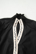 Black Puffy Flounce Sleeve Leopard Trim V Neck Blouse