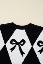 Red Bow Print 2-tone Rhombus Knit Loose Sweater