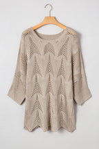 Navy Blue Hollow Out Knit 3/4 Sleeve Loose Sweater