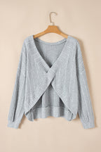 Light Grey Textured Crossover Backless Knit Long Sleeve Top