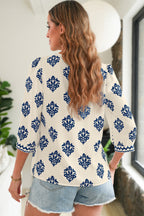 Green Damask Floral Print Contrast V Neck 3/4 Sleeve Blouse