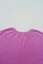 Bright Pink Solid Color Notched Neck Drop Shoulder Sweatshirt
