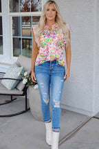 Purple Abstract Printed Ruffled Short Sleeve Notched Neck Blouse