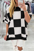 Light French Beige Checkered Pattern Loose Short Sleeve Sweater
