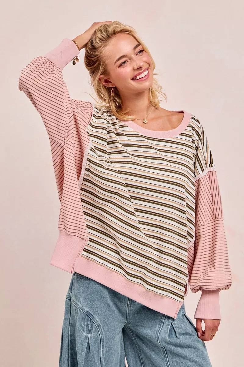 BiBi Stripe Mixed Top With Cut Edge And Reverse Outseam