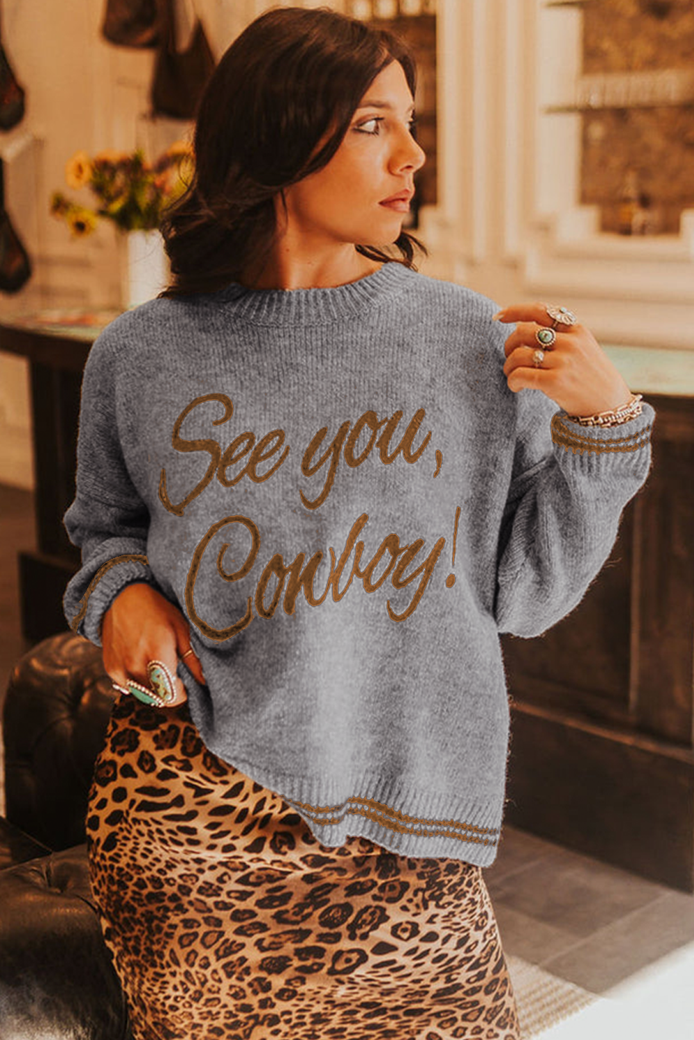 Peach Blossom Letter Embroidered Graphic Sweater