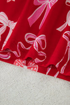 Red Sweet Bow Print Ruffled Short Sleeve Shirt Shorts 2pcs Pajama Set