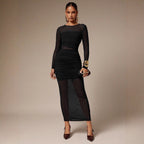 Womens Solid-Color Crew-Neck Mesh-Patchwork Bodycon Midi Skirt