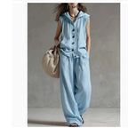 Sleeveless Hooded Top & Wide-Leg Pants Set | High-Waist Two-Piece