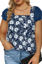 Blue Floral Print Square Neck Lace Patchwork Sleeve Blouse